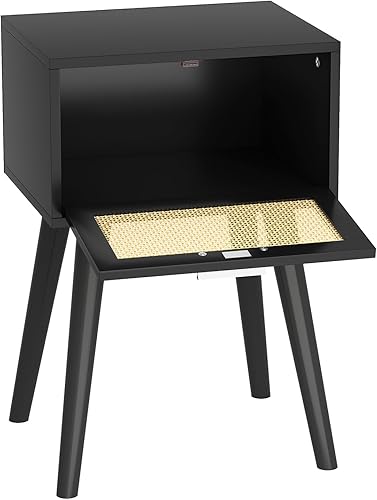 Miniatura 7 de LAATOOREE Juego de 2 mesitas de noche, mesa auxiliar pequeña con puerta de ratán, mesita de noche con pies de madera maciza, mesa auxiliar bohemia