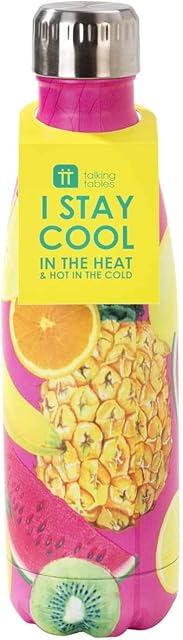 Talking Tables FST6-BOTTLE-FRUIT Tropical Fiesta Fruit Water Double Walled Vacuum Flask-12 Hot & 24 Hours Cold BPA Free, Stainless Steel, Pink, 500ml, Height 26cm 10"