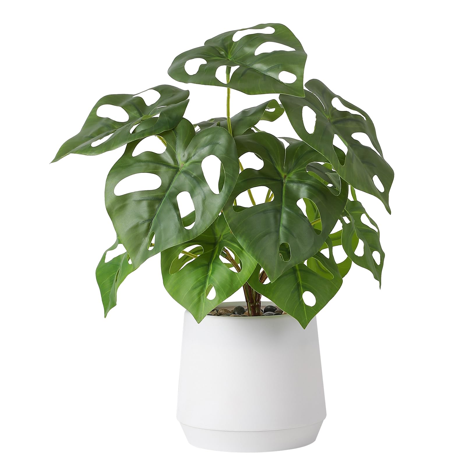 Nubry Artificial Plant in White Pot, 14" Fake Potted Monstera with Decorative Stones, Faux Green Plant for Living Room Office Home Decor (Monstera, White)