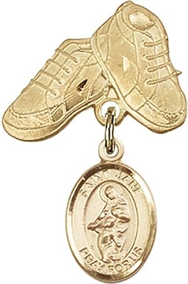 14kt Yellow Gold Baby Badge with St. Jane of Valois Charm and Baby Boots Pin 1 X 5/8 inches