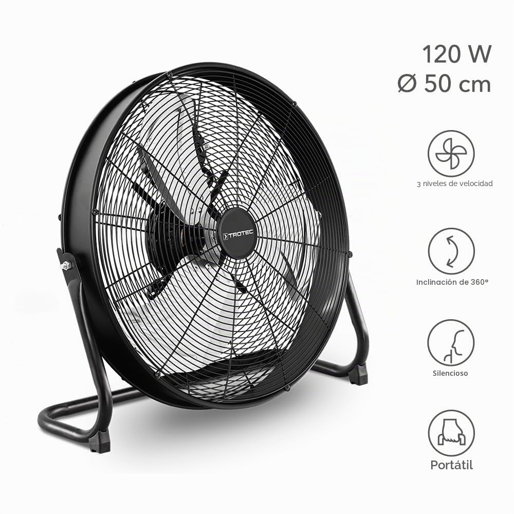 TROTEC TVM 20 D ventilador de suelo 120 W metálico para taller y gimnasio | Ø 50 cm, 3 velocidades, inclinación regulable, funcionamiento silencioso, negro, para hogar, dormitorio y oficina