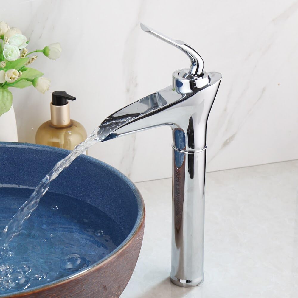 Grifo de lavabo alto cromado monomando con caño de cascada para baño moderno 1