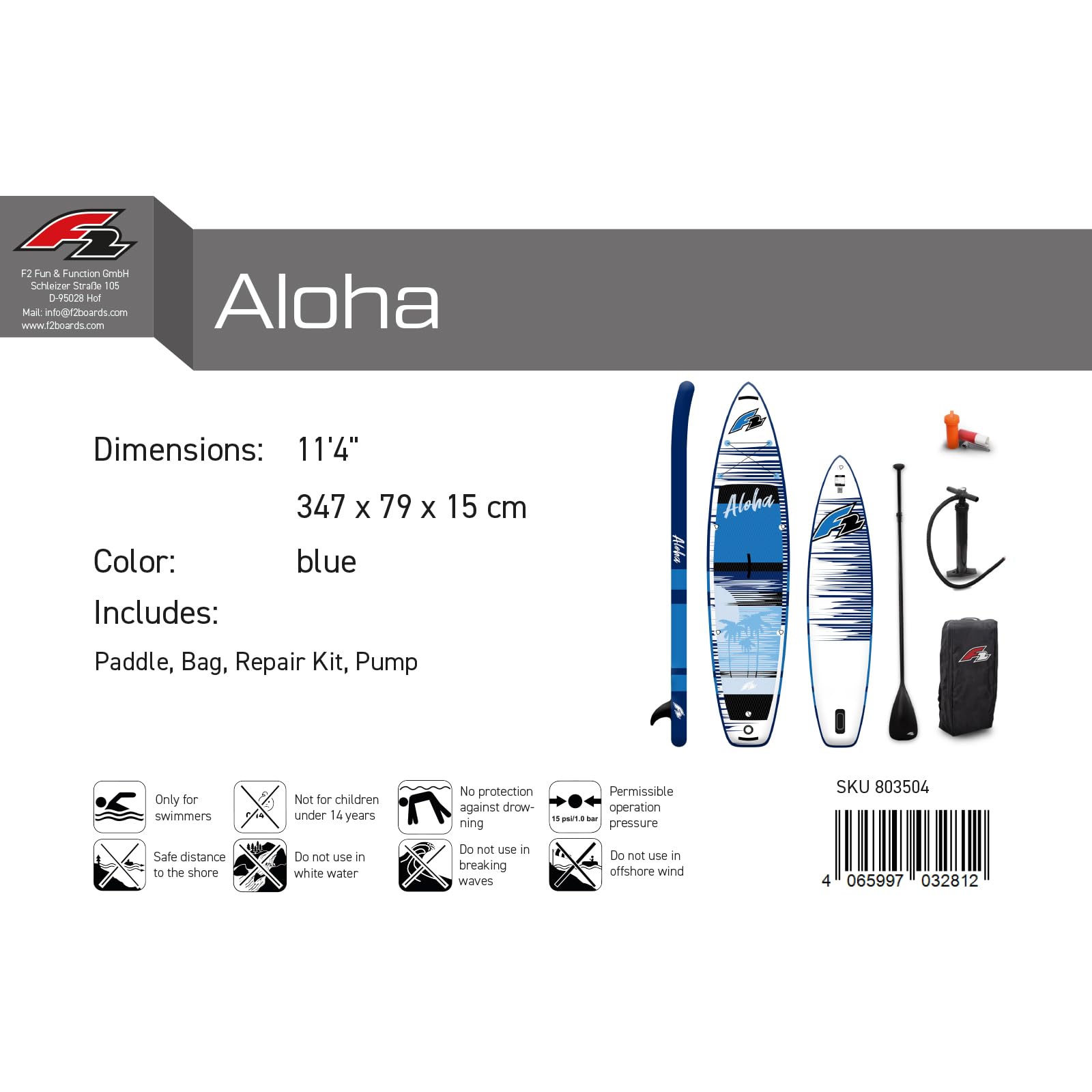 F2 SUP Stand Up Paddle Board Aloha 10'5''/11'4"/12'2" Größe wählbar Blau