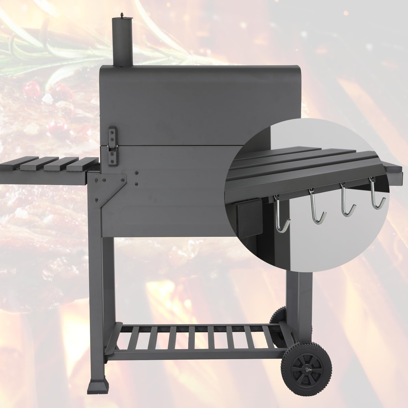TLSUNNY Barbecue a carbonella XXL con ruote, barbecue a carbonella con coperchio, barbecue a pavimento, affumicatore, grande capacità, 152 x 136 x 60 cm, grigio