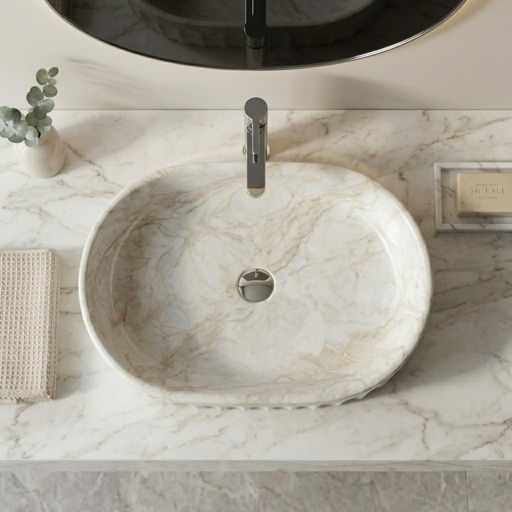BASSINO Ceramic Wash Basin - White Marble Sink -6