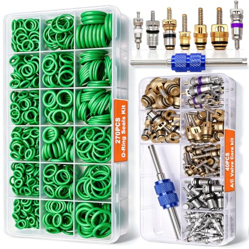 Image of Taiss Car A /C Repair Kit 270PCS O-Ring Seals Kit + 40PCS A /C Valve Core Assortment with Remover Tool,R12 R134a Refrigeration Tire Valve Stem Cores,Car Air Conditioning Compressor Seals O-Ring