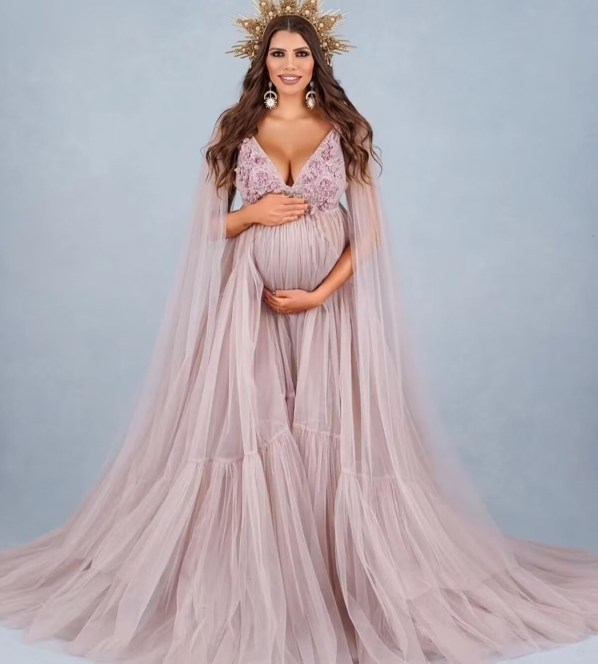 Tulle Maternity Dresses for Photoshoot 3D Lace Appliques Sheer V Neck Wedding Bathrobe Baby Shower Dress with Cape