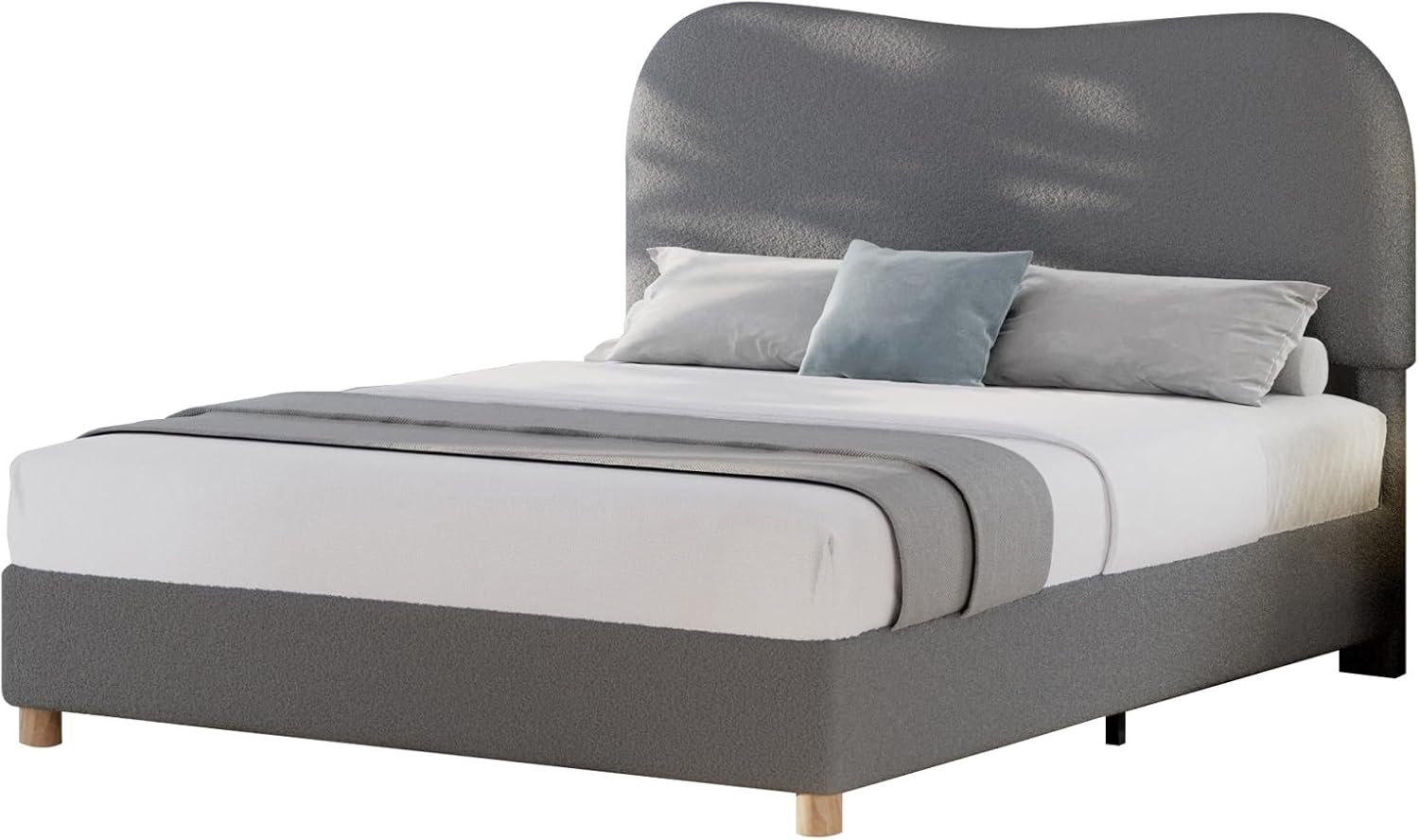 LUXOAK Queen Size Boucle Upholstered Platform Bed, Modern Bed Frame with Adjustable Curved Headboard and Solid Wood Legs, Easy Assembly, No Box Spring Needed, Light Grey