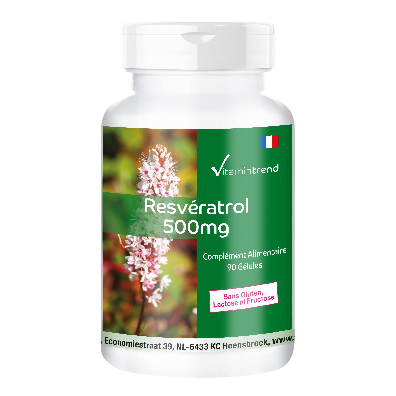 Vitamintrend Resvératrol 500 mg, 90 gélules d'extrait de renouée, hautement dosé, complément alimentaire végan sans stéarate de magnésium, fabriqué en Allemagne