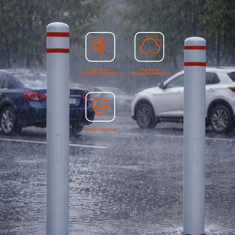 4"x46" Grey Bollard Covers - High-Visibility with Reflective Tape & Built-in Sponge, HDPE Plastic Slip-On Covers for Warehouse Aisle, Parking Lot, Outdoor Safety.