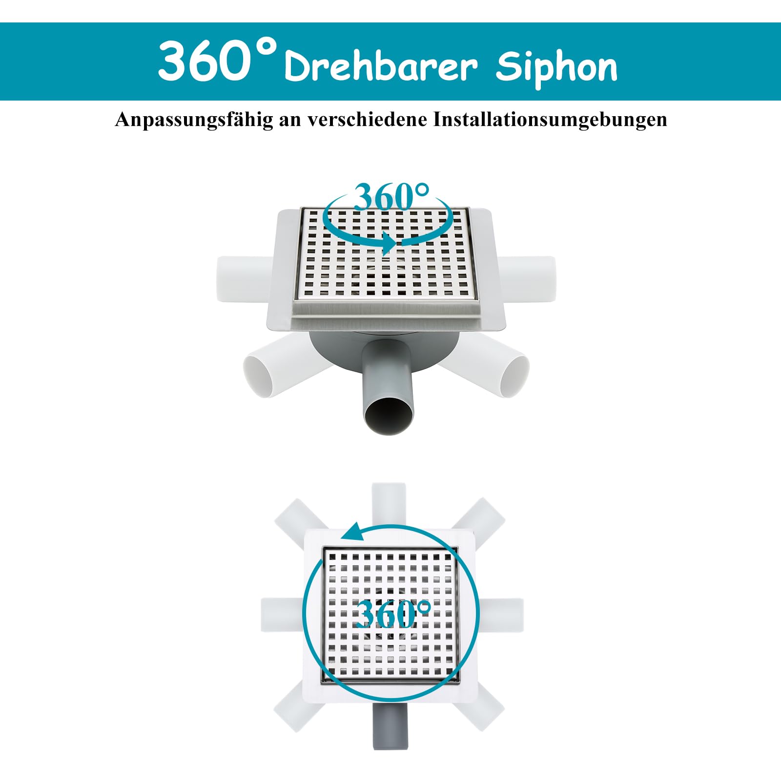 150 x 150 mm Bodenablauf Dusche Edelstahl Duschrinne mit 360° Siphon, Geruchsverschluss, Haarsieb und 2 Ablaufadapter DN50 DN40, Ablaufrinne Duschablauf