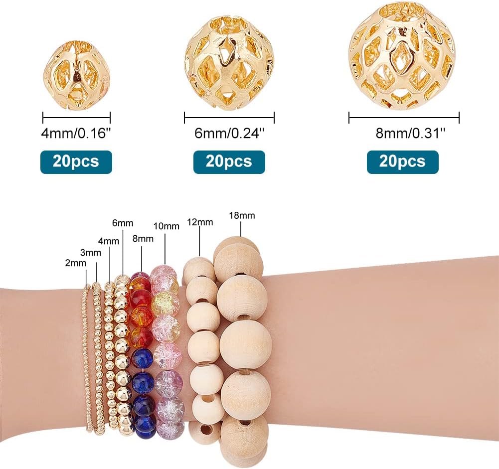 PH PandaHall 60pcs Golden Round Beads, 14K Gold Plated Brass Hollow Beads 4 6 8mm Filigree Beads Metal Spacer Beads Loose Beads for Earrings Bracelet Pendant Waist Chain Necklaces Jewelry DIY Crafts - Image 2