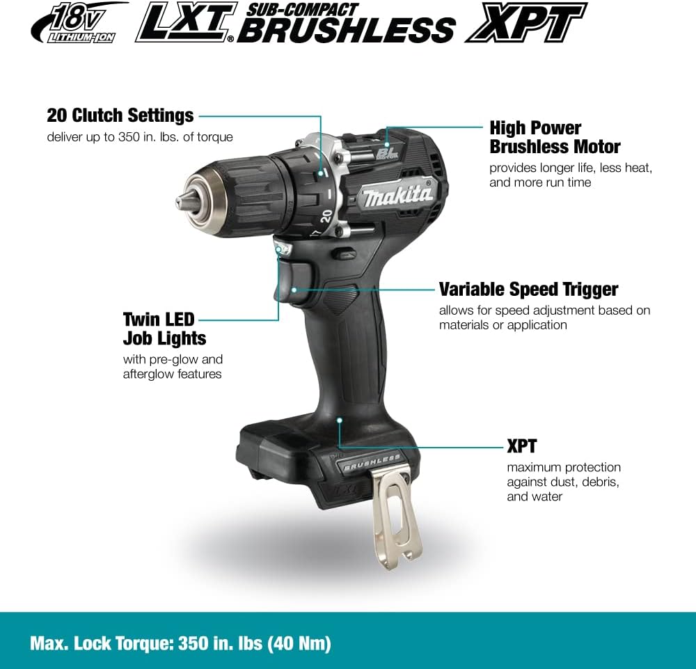 Diagram of Makita DDF487ZB highlighting 20 Clutch Settings, High Power Brushless Motor, Variable Speed Trigger, Twin LED Job Lights, and XPT (Extreme Protection Technology).