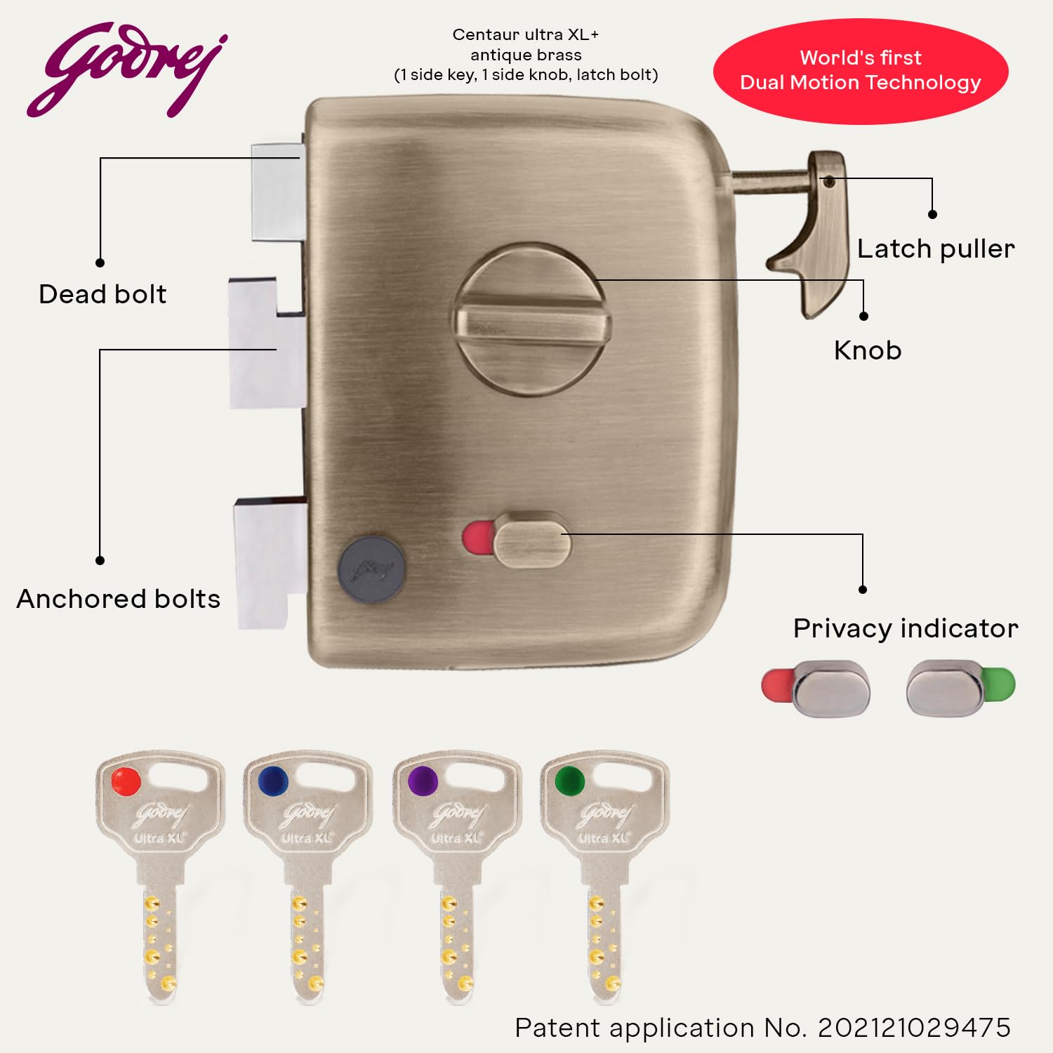 Godrej Centaur Rim Lock I World's 1st Dual Motion Lock | Ultra XL+ Technology | 1CK Latch Lock for Main & Safety Door I Suitable for Single & Double Wooden Door I Brass Finish | 5 Yeras Warranty — Amazon image 5