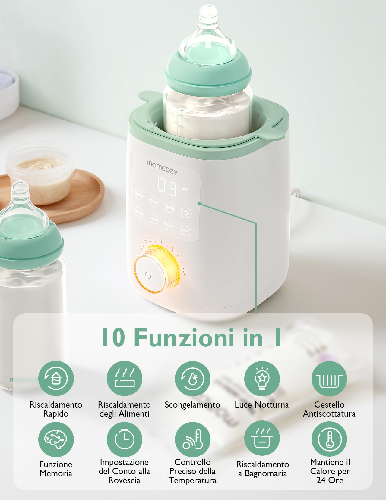 Scaldabiberon Momcozy Nutri, Scaldabiberon 9 in 1 con Luce Notturna, Controllo Accurato della Temperatura, Riceve i Nutrienti dal Latte Materno, per Tutti i Biberon con Latte Materno o Artificiale