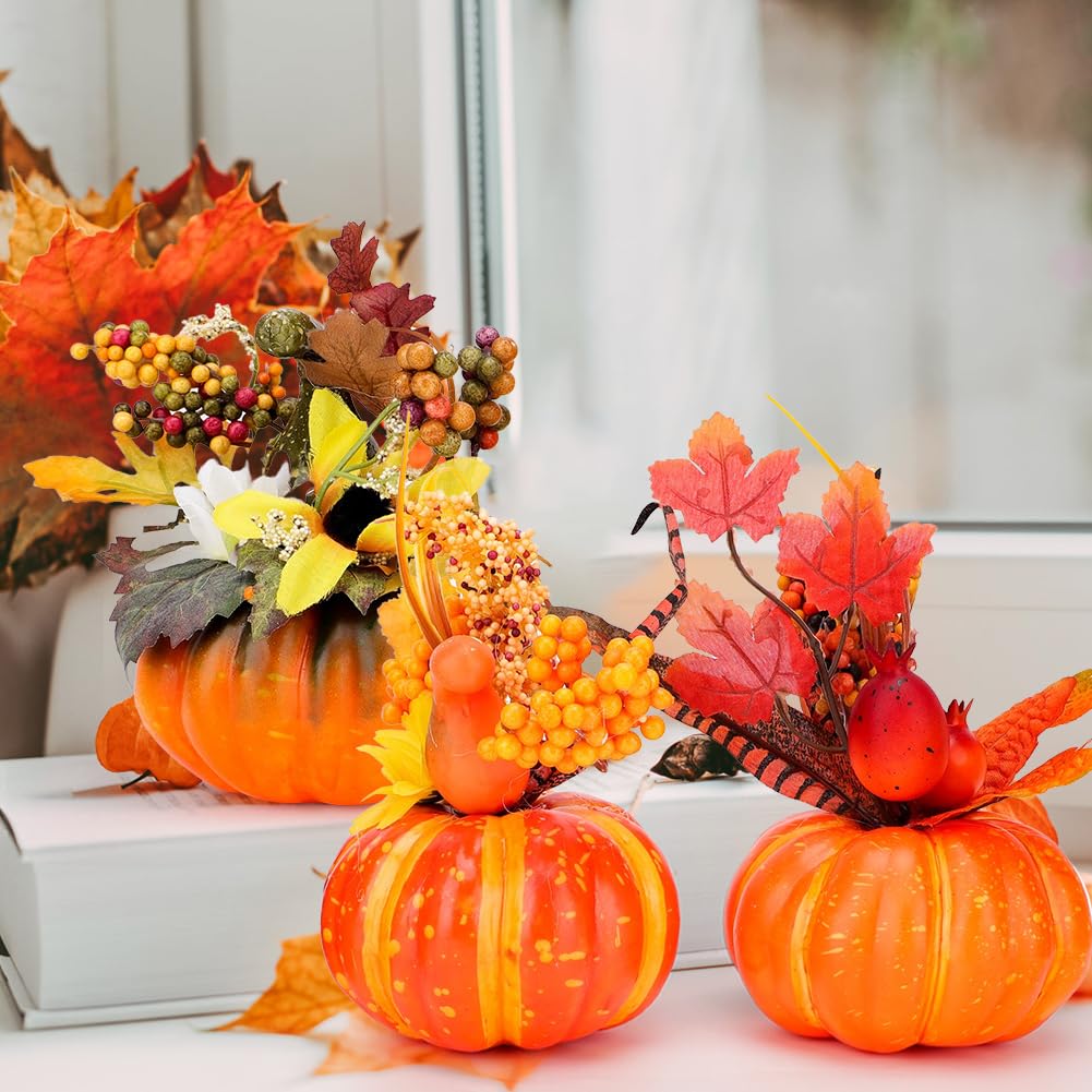 Yuragim 3 sztuki sztucznych dyni jesiennych dekoracji, ozdobne dynie z liśćmi klonu i słoneczników, dekoracja na Halloween, Święto Dziękczynienia, jesienna dekoracja stołu