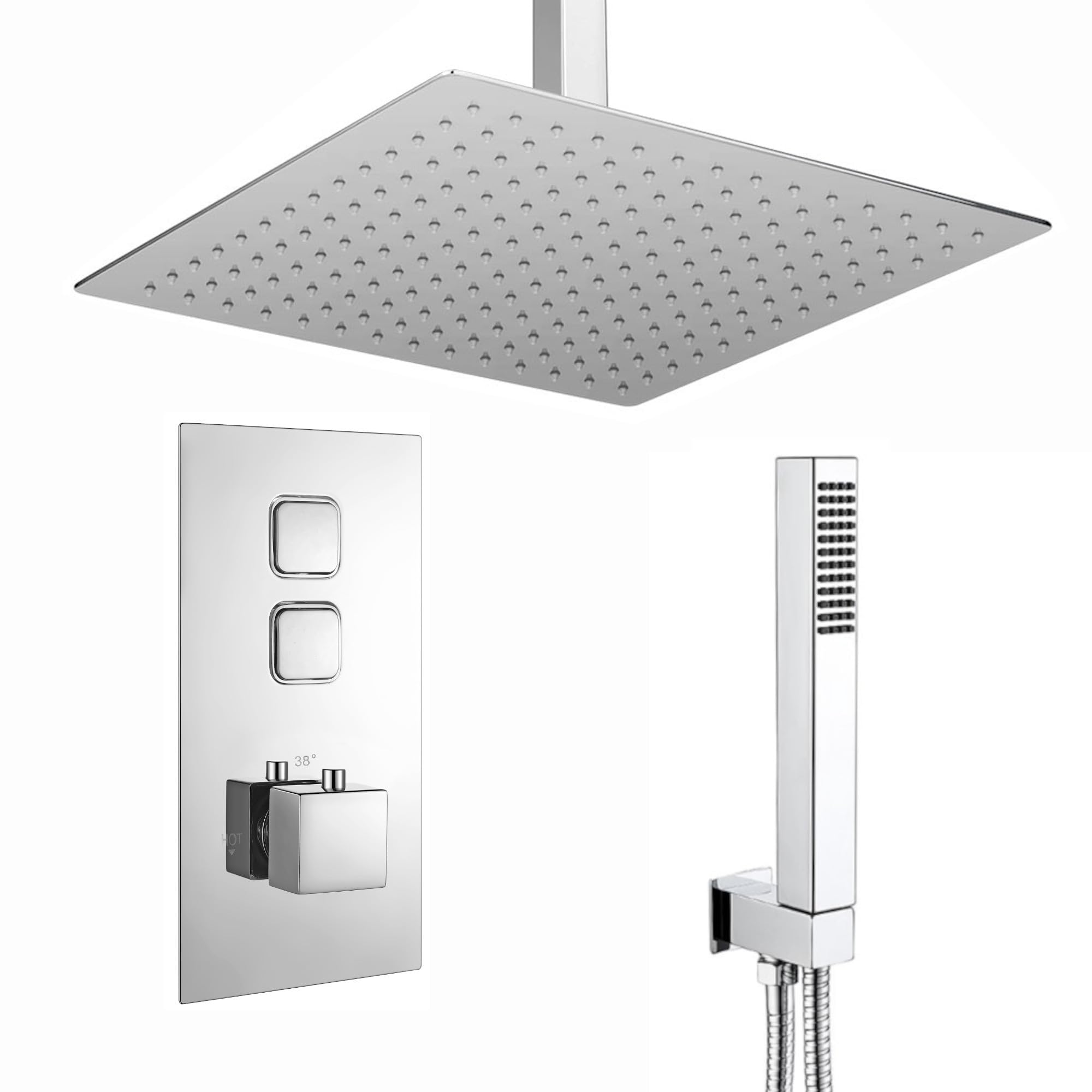 Enki Chrome Spello, Sh0085, Square Thermostatic Concealed Shower Set Large 400Mm Ceiling Mounted Shower & Handset Kit,