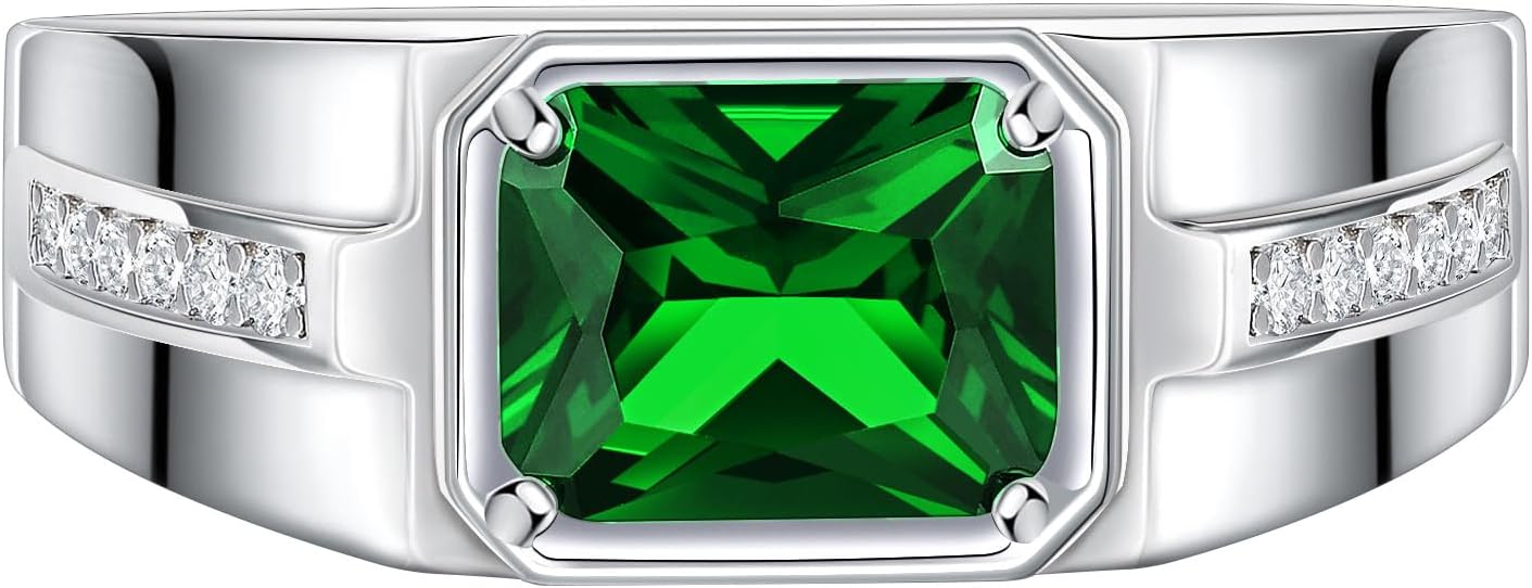 Sapphire Ring 925 Sterling Silver Mens Wedding Band Pave 5A Cubic Zirconia Round Cut Blue Gemstone Promise Ring For Him Size 7-14