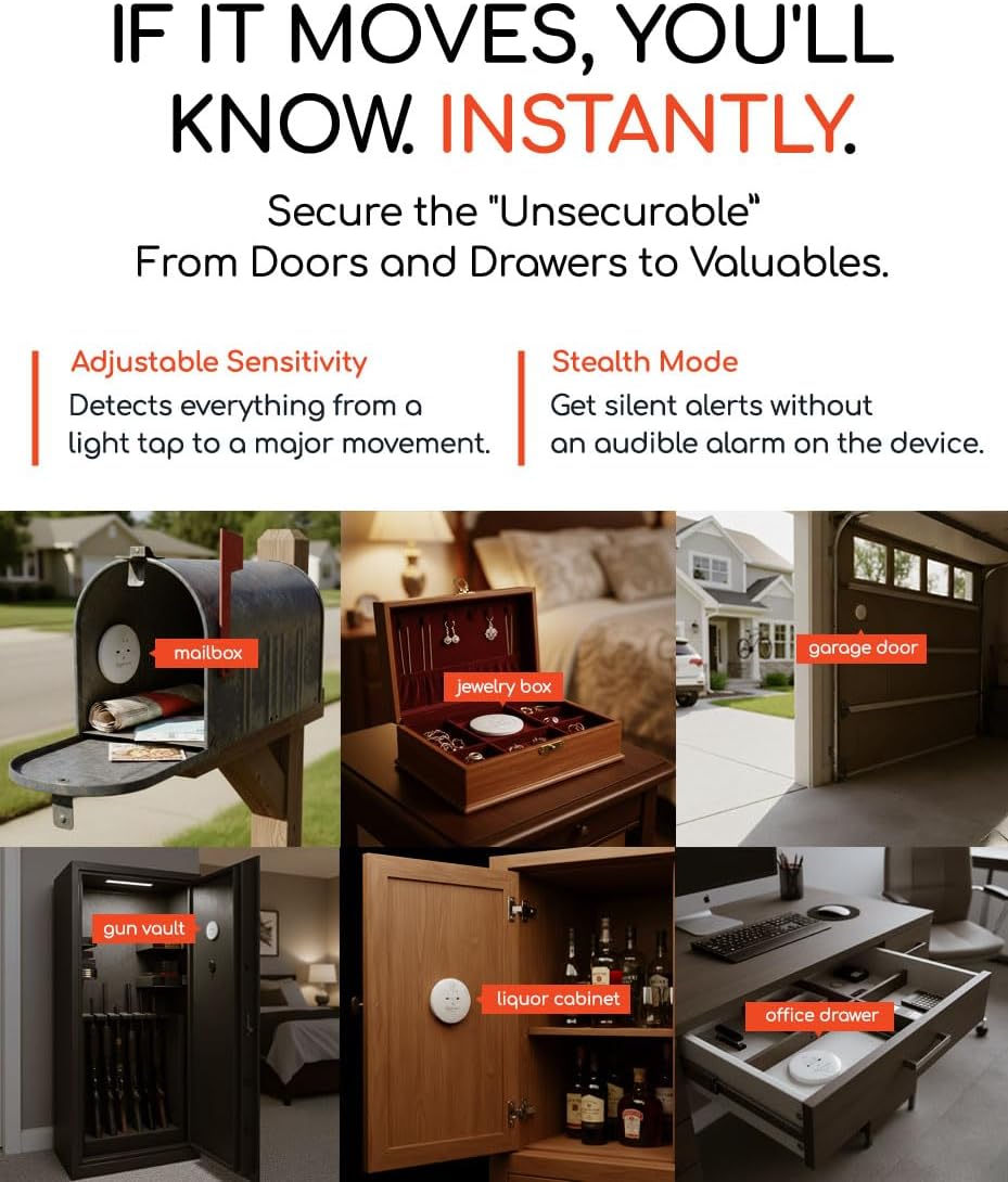 WiggleWorm Alert™ Mini Motion Vibration Sensor Alarm (1-Pack) – Stick Anywhere Smart Home Detector for Jewelry Box, Kids Door, Safe & Mailbox | Phone App Instant Alerts, Audible & Silent Modes