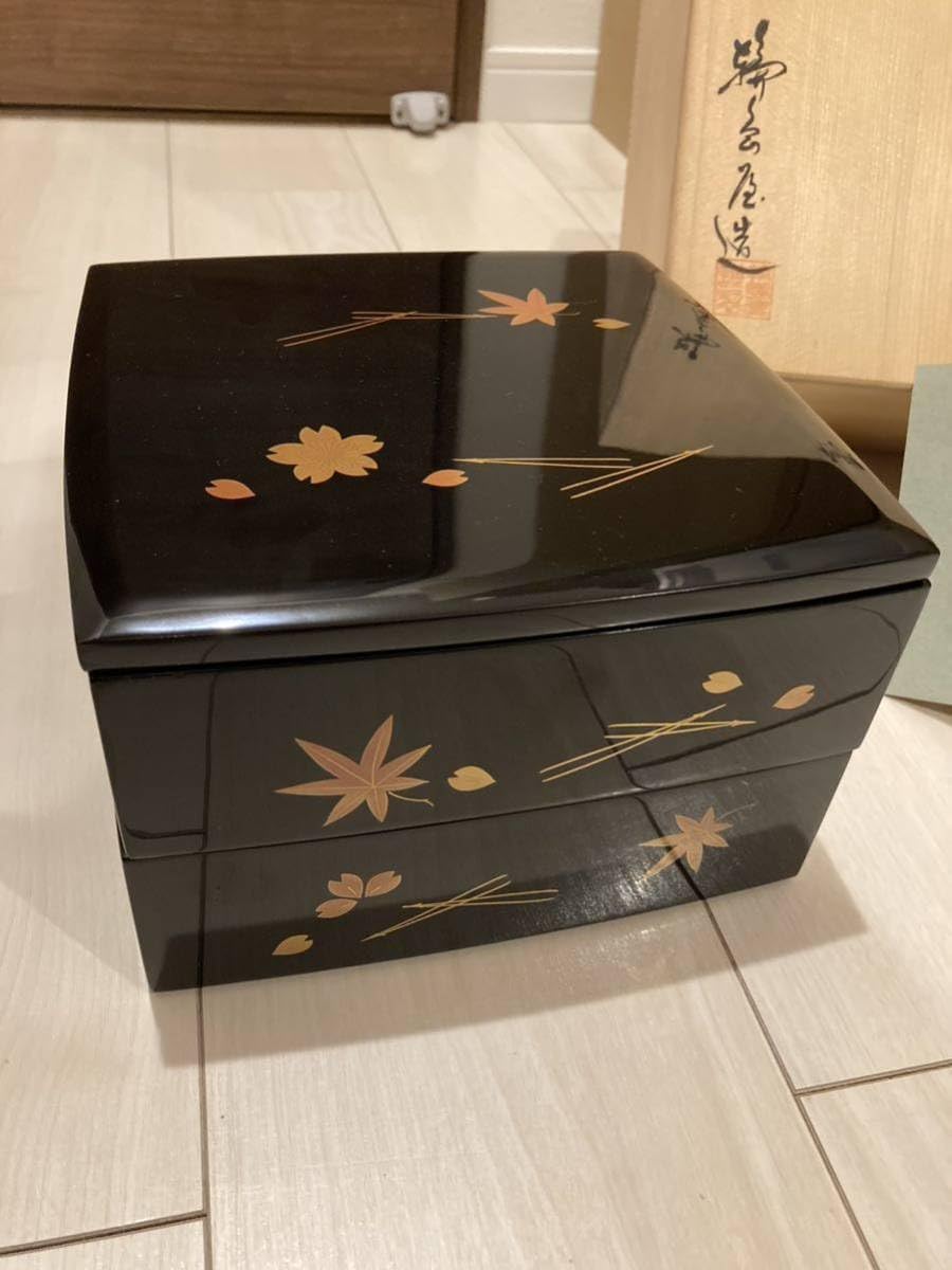 木製本漆塗 三段重箱 会津塗 錦絵 白木屋 会津漆器 錦絵蒔絵 三段重箱