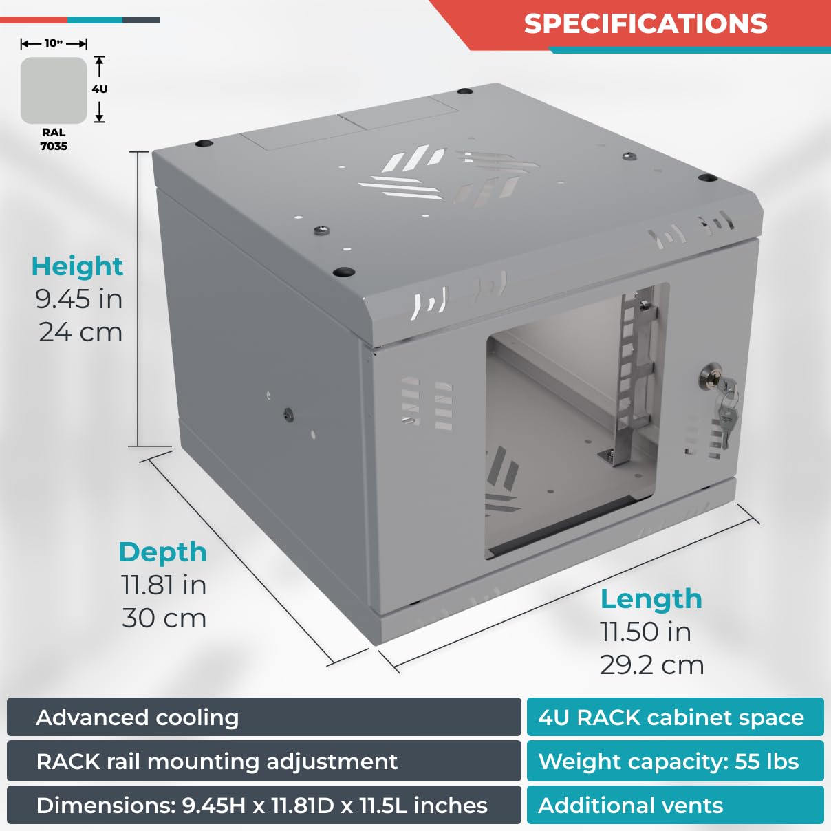 Armadio di Rete 10 Pollici - Armadio Rack 4U - Server Rack per Montaggio a Parete - Capacità di Carico 15 kg - Rack 10 Pollici Verso la sala Server, l'ufficio - Grigio