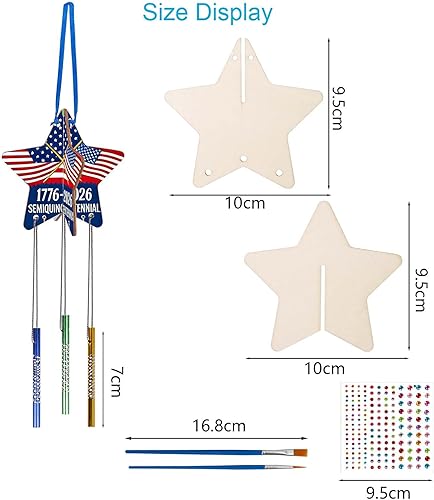 Miniatura 3 de Kit de manualidades para el 4 de julio para niños, haz tu propia estrella patriótica campanilla de viento de madera para colorear adorno de estrella