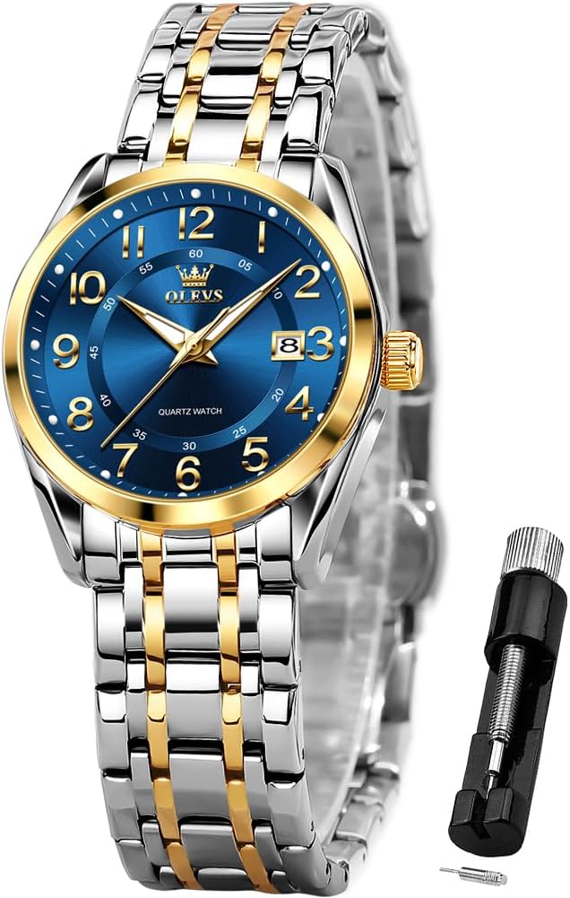 OLEVS Womens Watches Classic Dress Quartz Female Wristwatch Ladies Stainless Steel Waterproof Luminous Date Easy Read Watch for Lady womens gold blue watch