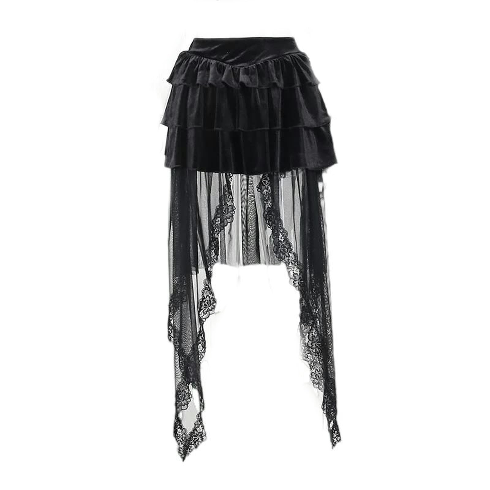 Gonne a Vita Alta con Pizzo Nero, Gonna Corta a Trapezio a Strati in Stile Gotico da Donna-Nero-M