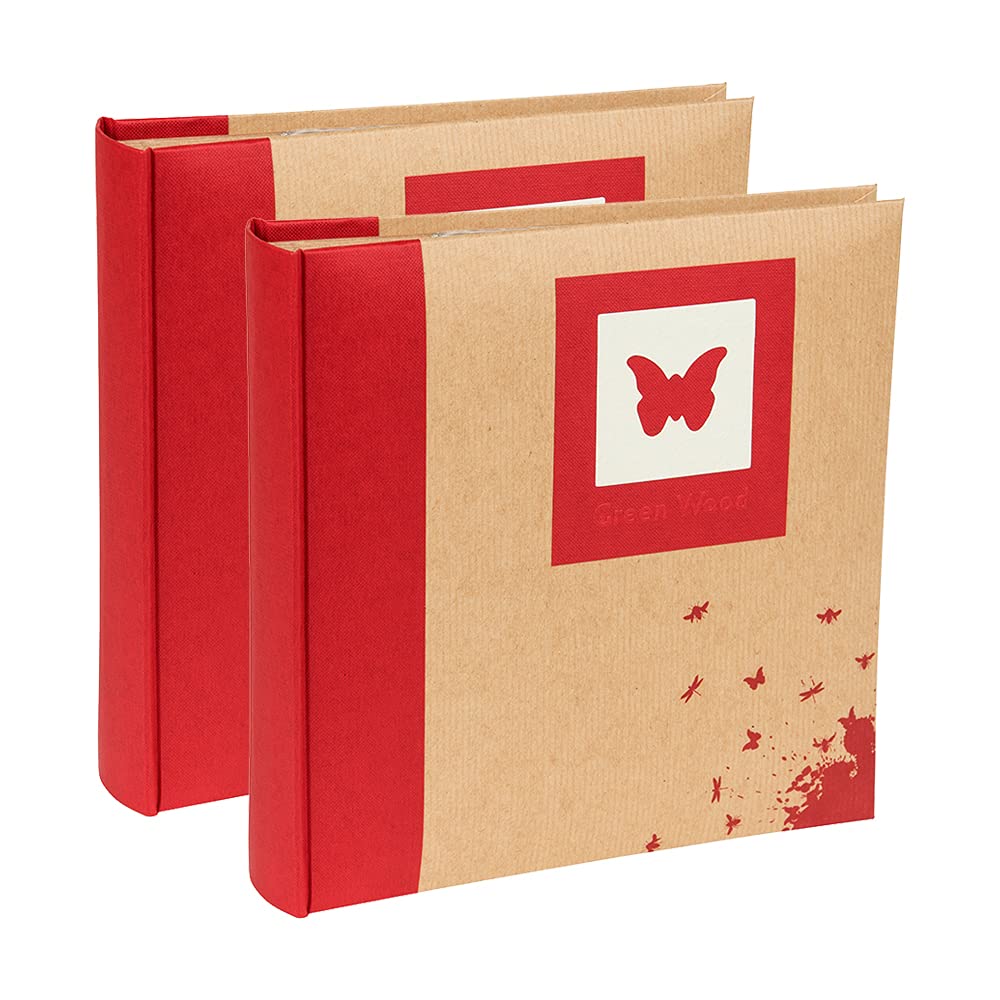 Kenro Box of 2 Green Wood Red Butterfly Photo Album with Kraft Paper Cover for 200 Photos 7x5 inch/13x18cm Family Photograph Album - GRW007RD