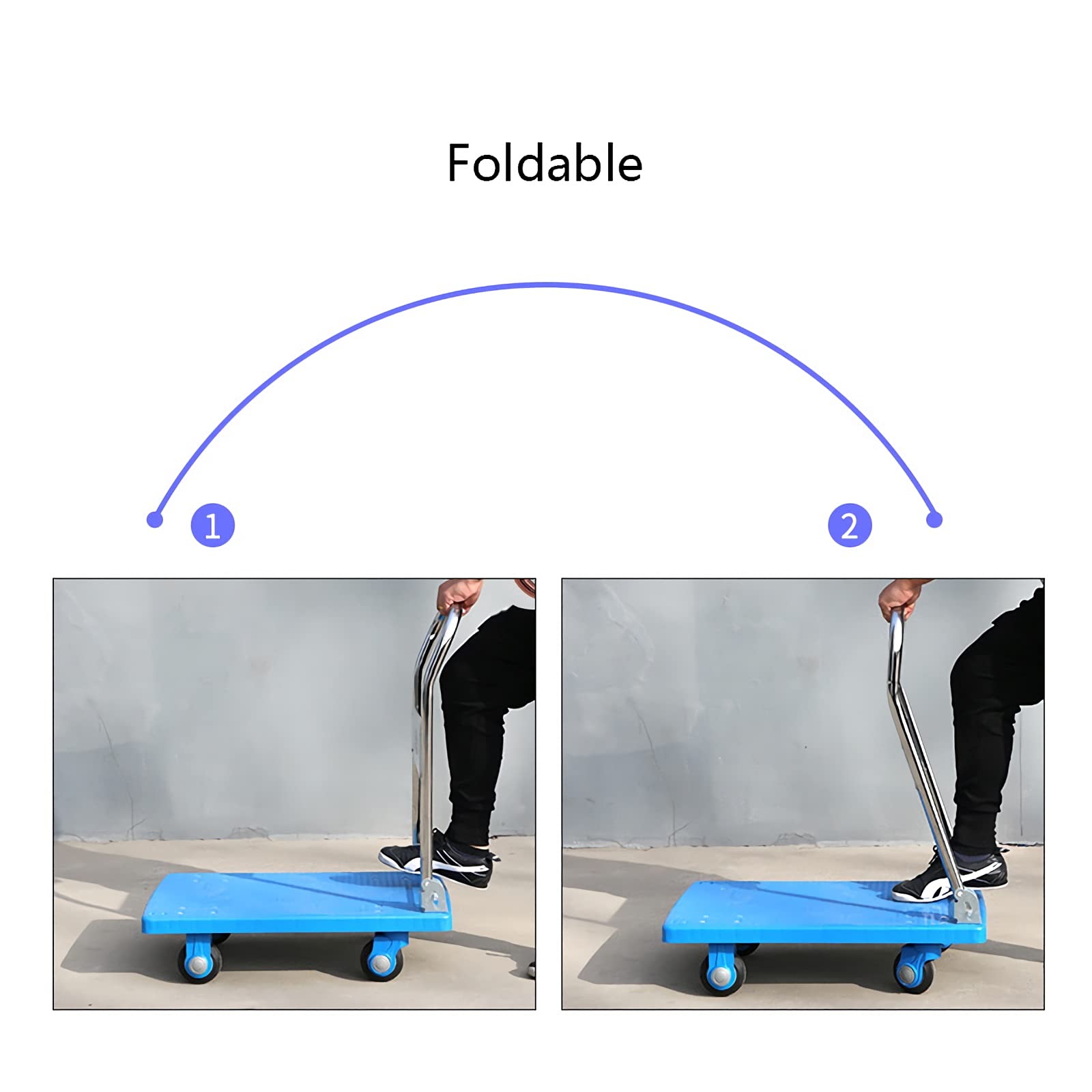 Wózek ręczny z płaskim łóżkiem, wzmocniony wózek ręczny z kółkami obrotowymi 360° i składanym uchwytem, cichy, na zakupy, bagaż, transport, do dużych obciążeń