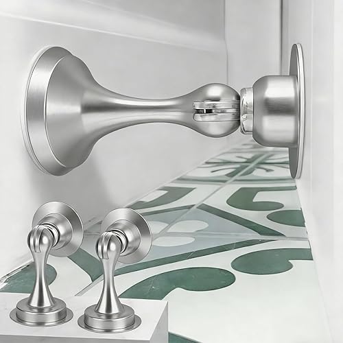Tope magnético para puerta, sin perforación, soporte magnético para puerta, acero inoxidable, níquel cepillado con cinta adhesiva de doble cara,