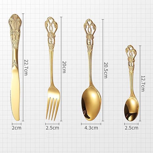 Miniatura 6 de Juego de cubiertos dorados para 4, juego de cubiertos Royal Court de 16 piezas, juego de cubiertos vintage en relieve, incluye cuchara, tenedor y
