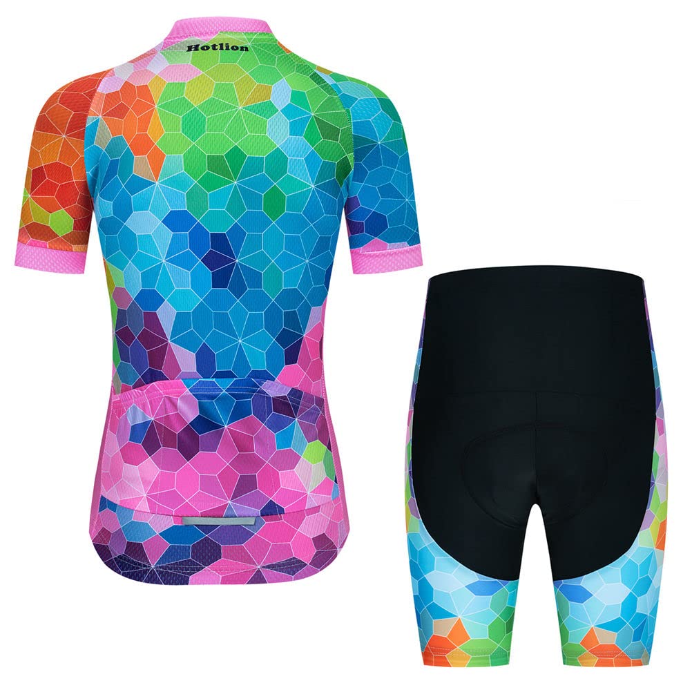 Colorful Womens Cycling Jersey Set, Summer Short Sleeve Ladies Mountain Dirt Bike Shirt and Shorts Padded Kit MTB Suit Cyclist Clothes Biker Biking Apparel BMX Bicycle Clothing, Medium