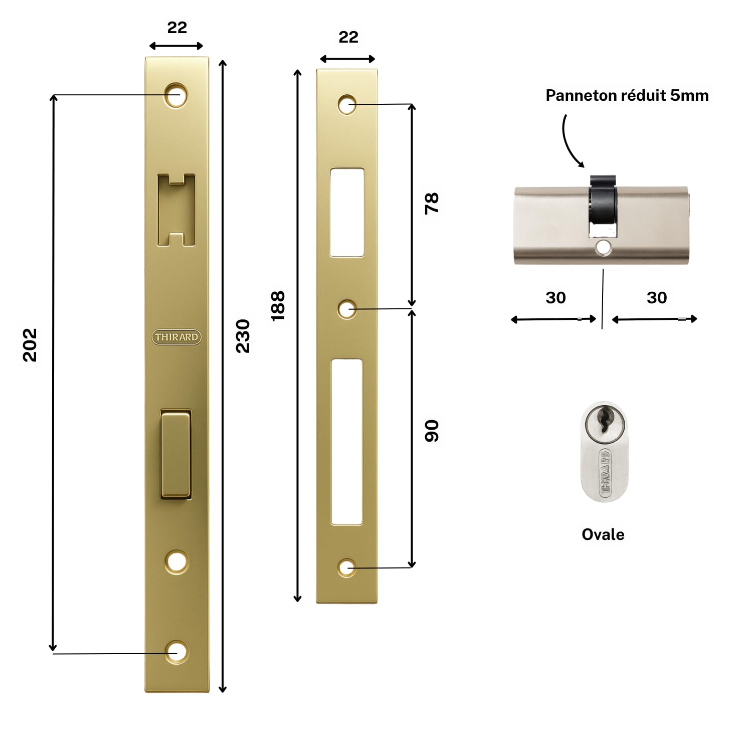 THIRARD - Serrure Encastrable pour Porte d'Entrée avec Cylindre - Axe 14 mm - 3 Clés - Coffre Acier - Têtière Acier Laitonnée - Demi-Tour Réversible - Pêne Laiton - Gris