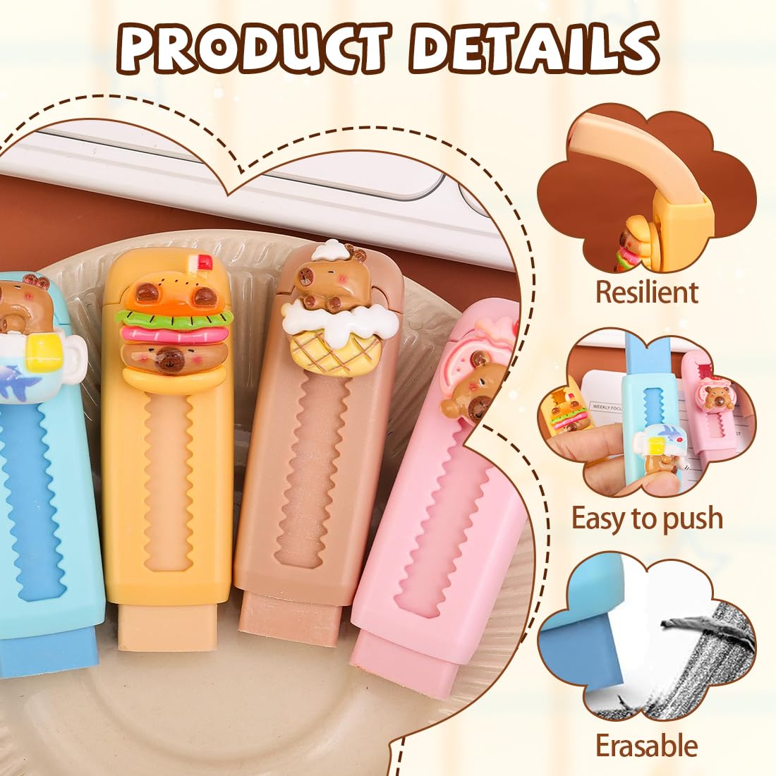 4 Piezas Gomas De Borrar Capybara, Cosas De Capybara, Con Fragancia Retráctil, Para Niños Y Estudiantes, Bonito Diseño En 4 Colores, Ideal Para La Escuela Y La Oficina
