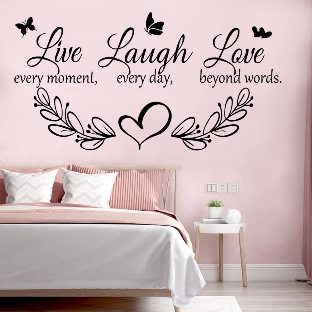 Calcomanía de pared de vinilo con citas inspiradoras para la familia, cita "Live Every Moment Laugh Every Day Love Beyond Words", calcomanías de pared motivacionales para dormitorio, sala de estar