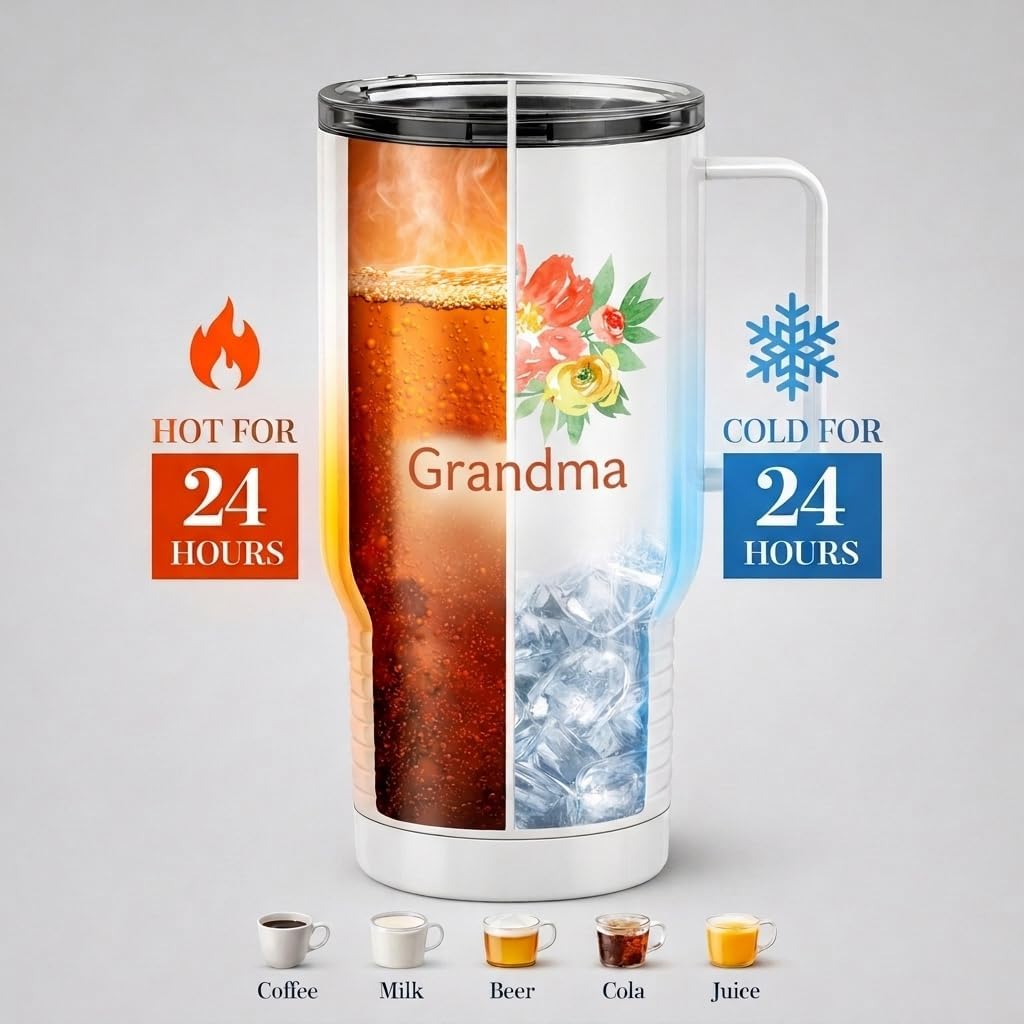 Just So Posh Grandma Flowers Tumbler, 20 oz Travel Coffee Mug with Handle & Straw Lid, Stainless Steel Insulated Coffee Tumbler, Gift for Grandmother image 4