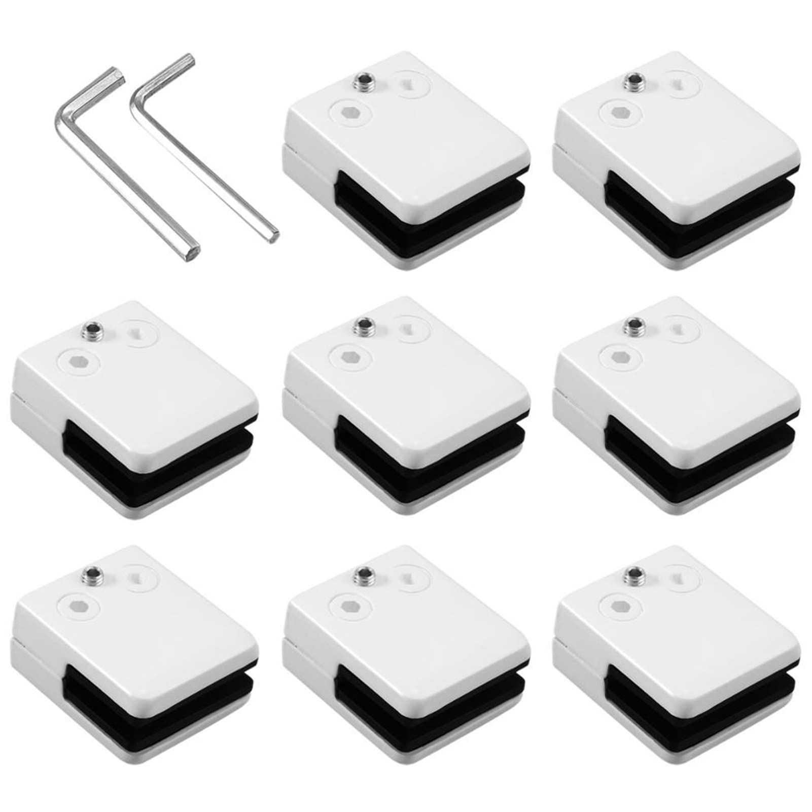8Pcs Square Glass Clamps Stainless Steel 304 Clip Flat Back Bracket Shelf, for Bookshelves, Display Shelves, Balustrade Holder Clamp 8-10MM(White)