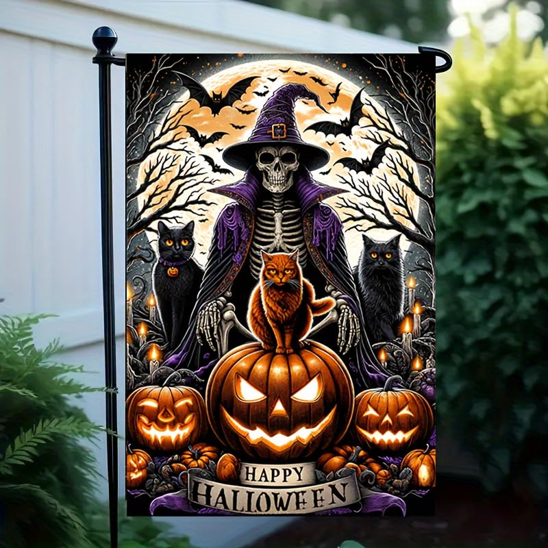 Image of Blissyard Halloween Garden Flag - Double Sided 12x18 with Ghost, Skull, Wizard, Skeleton Cats, Pumpkins, Bats - Spooky Outdoor Scary Yard Decor
