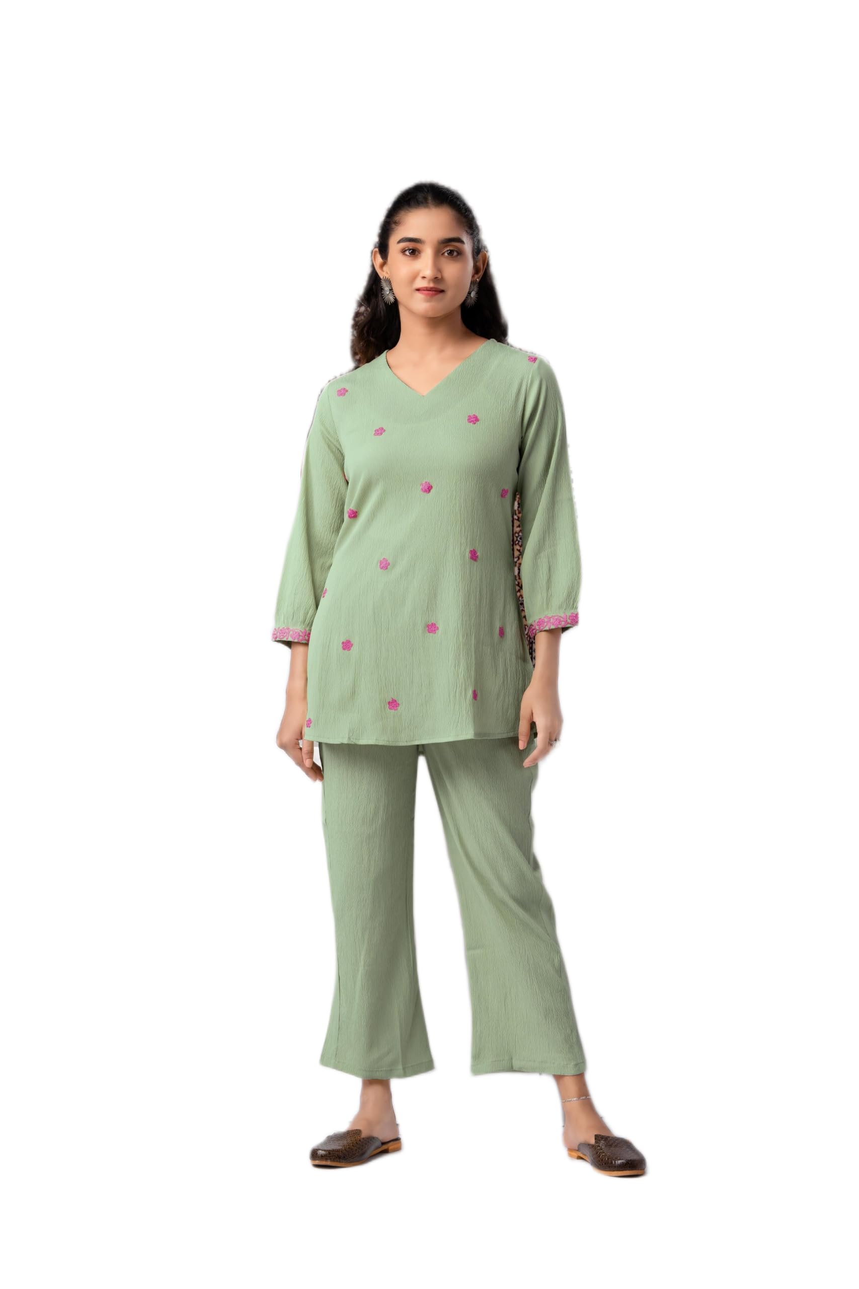 Women's Pastel Green Pure Silk Embroidered Co-Ord Set | V-Neck Top with Three-Quarter Sleeves & Matching Trousers | Elegant Ethnic Wear-image-30