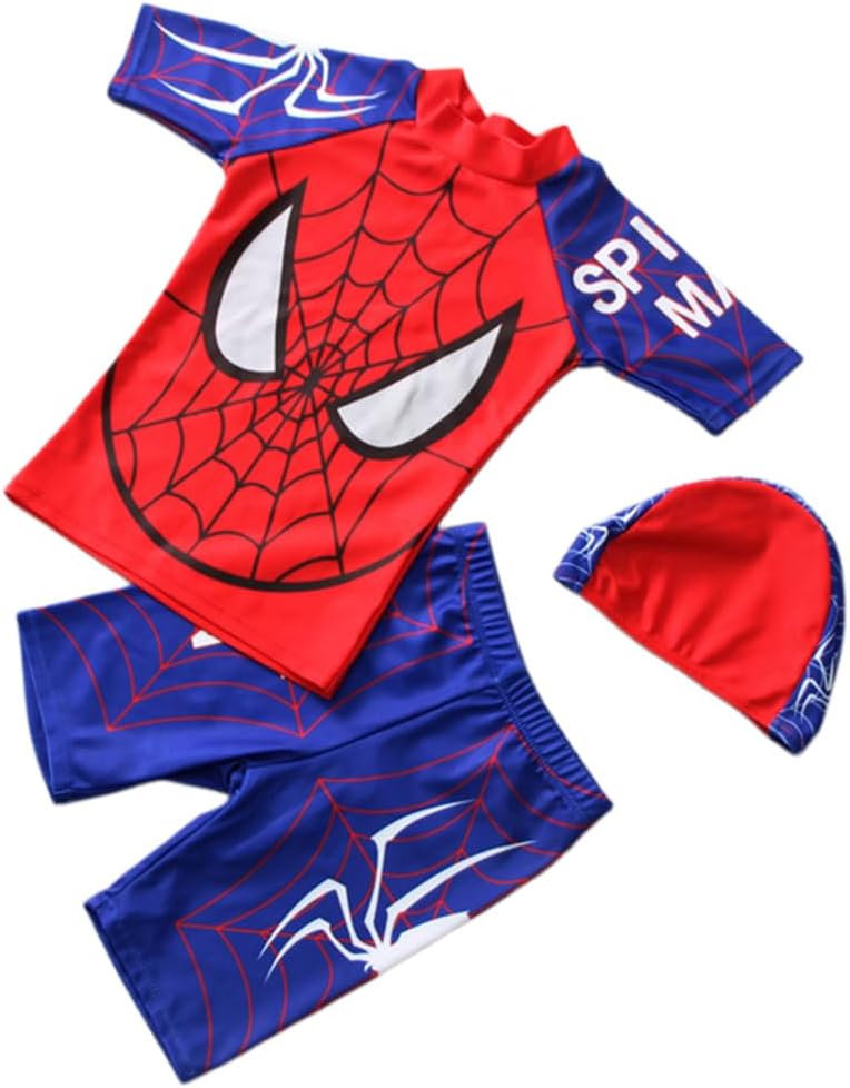 SNOWIE SOFTSwimming Costume for Boys, UPF 50+ Superhero Print Swimsuit Set with Shirt, Swim Trunks & Swim Cap, Swim Suit for Kids Boys 6-7 Years Old