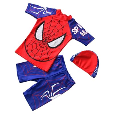 PATPAT® Swimming Costume for Boys, UPF 50+ Spiderman Print Swimsuit Set with Shirt, Swim Trunks & Swim Cap, Swim Suit fo