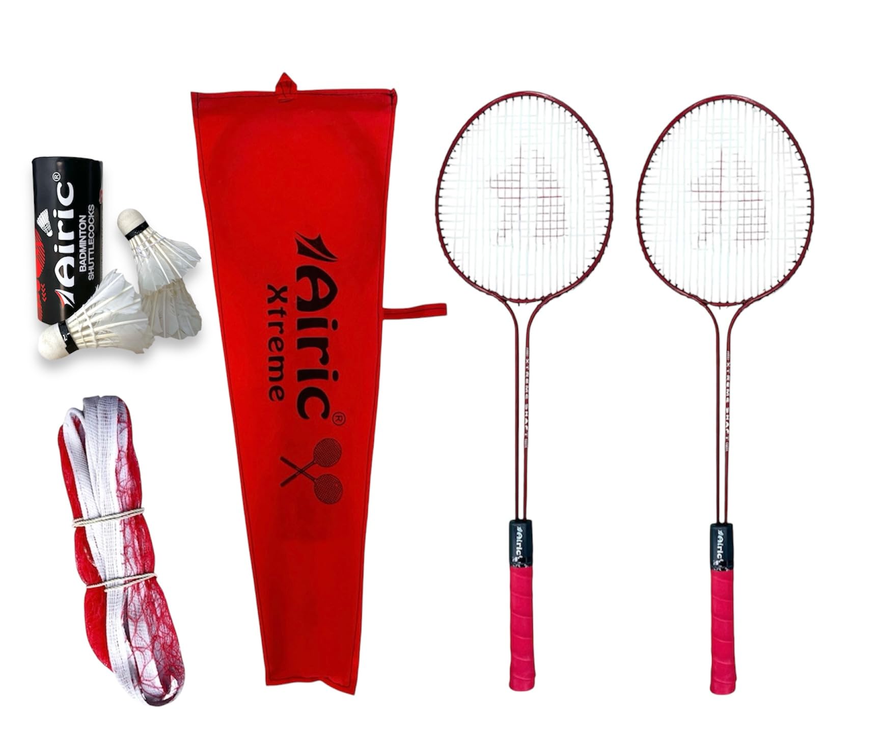 Airic Xtreme Double Shaft Raquets with Feather Shuttles and 3 Side Tape Net Badminton Kit