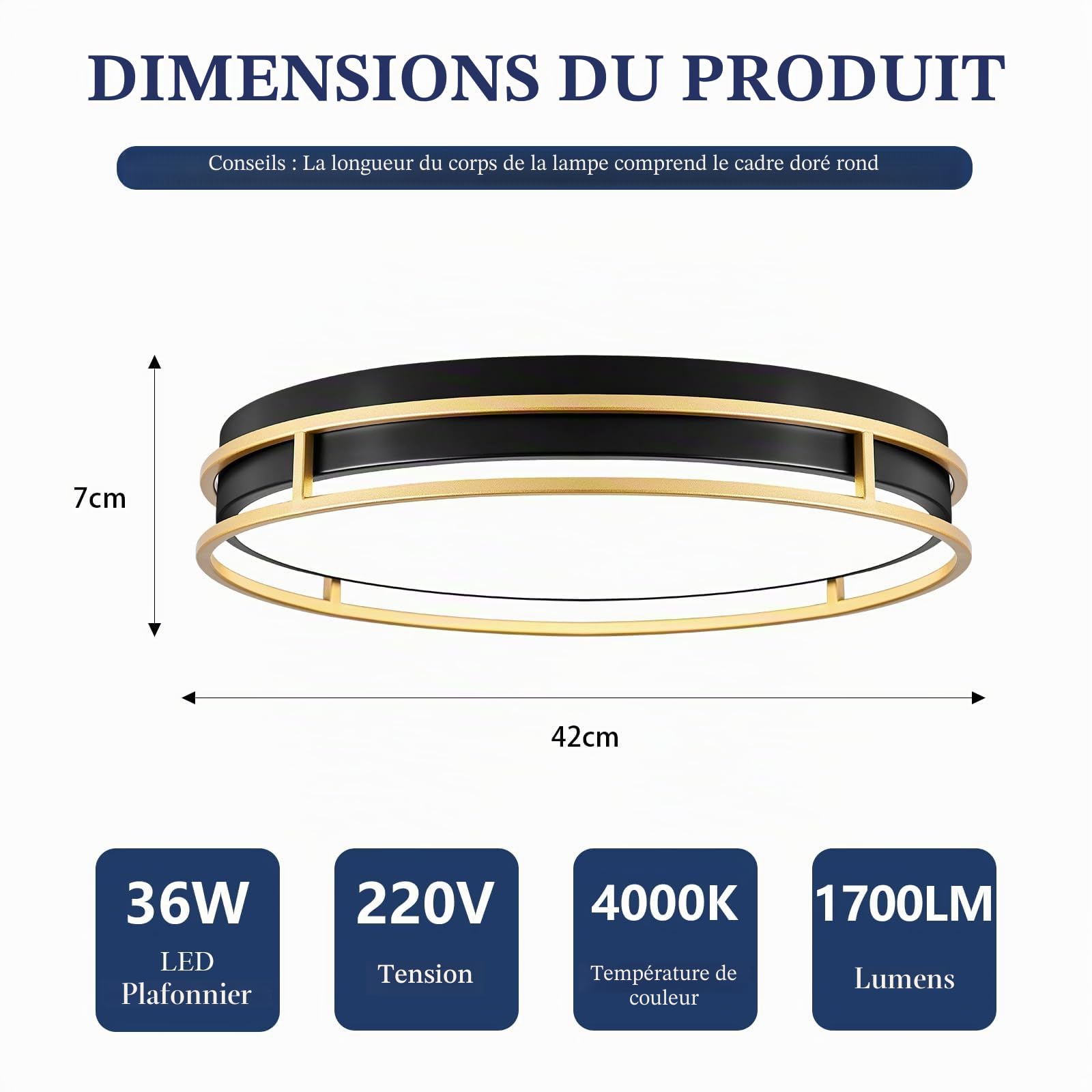 Plafonnier LED,Luminaire Plafonnier Métal Noir et Doré,40CM lampe plafond Rond pour Chambre, Salon, Cuisine, Couloir, Salle à manger 36W 4000K