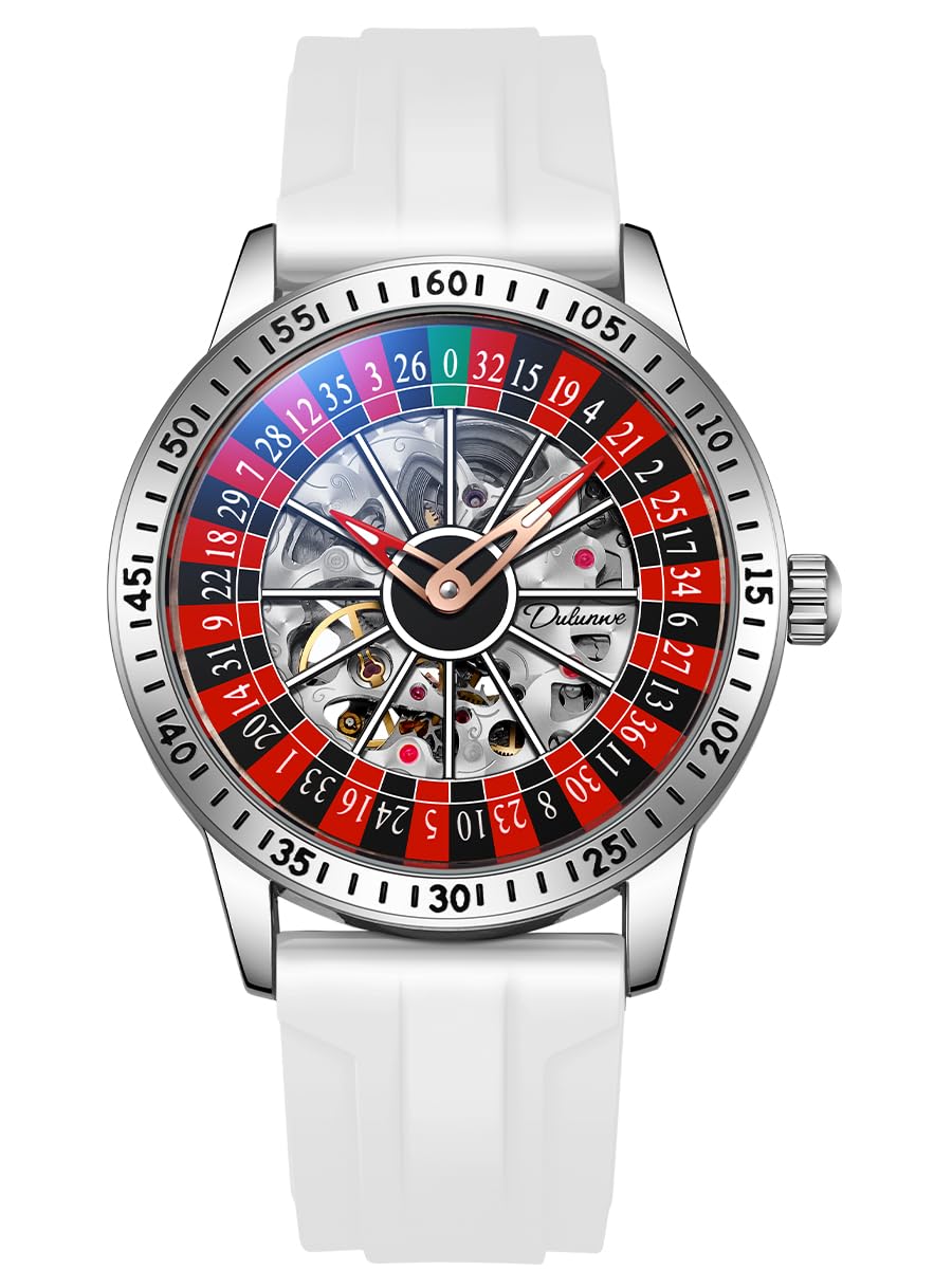 Men's Watch Automatic Hollow Mechanical Roulette Wheel Design 30M Waterproof Casual Fashion Wristwatches for Men (Rubber White)