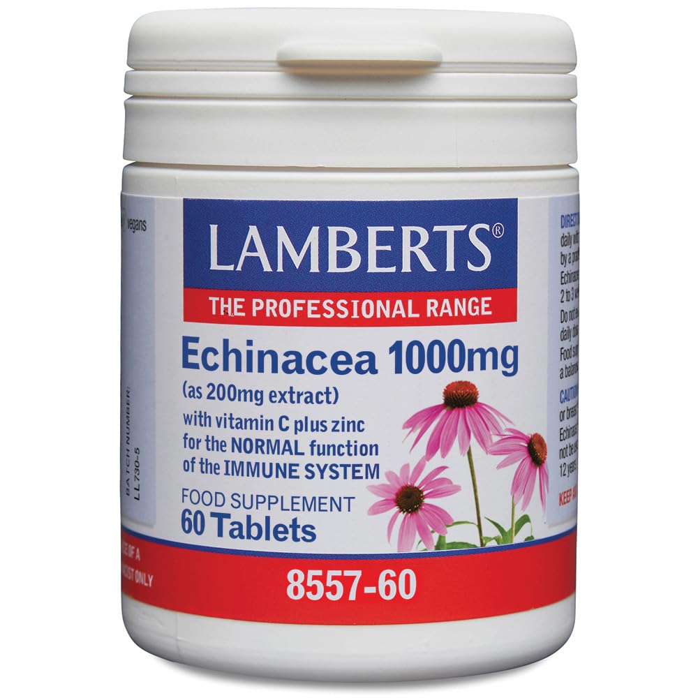 Lamberts Equinácea 1000 mg | Extracto Concentrado con Vitamina C y Zinc | Sistema Inmunitario | 60 Tabletas | Calidad Farmacéutica GMP