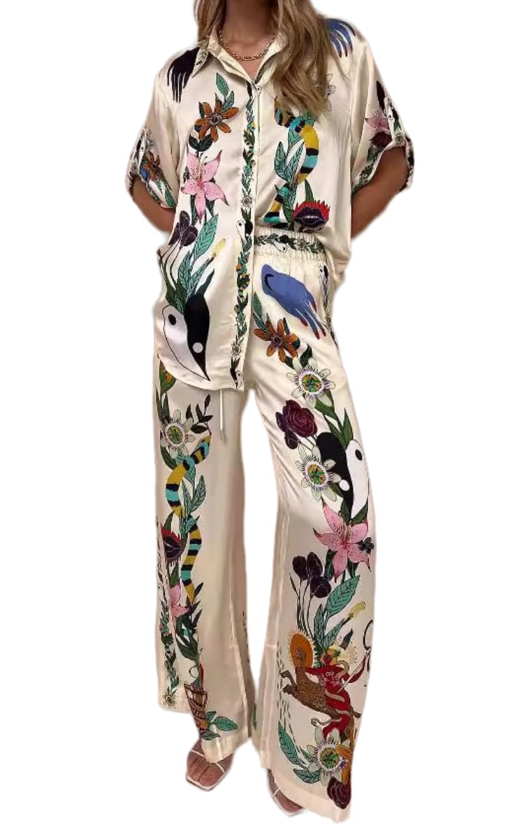 2-teiliges Boho-Outfit für Damen, Sommer, lässig, Graffiti-Druck, passendes Set, kurze Ärmel, Button-Down-Shirt und Hose mit Taschen, hawaiianische Loungewear