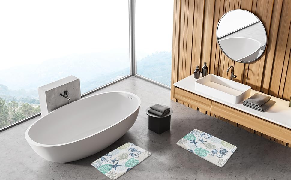 Beach Bathroom Rugs, Coral Ocean Themed Bath Mats for Bathroom, Tropical Starfish Seahorse Conch Bath Mats Rugs 17X29in - Image 8