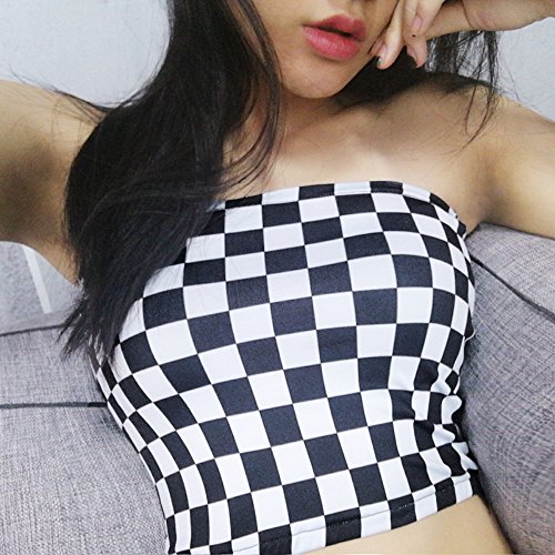 Women's Strapless Plaid Tube Top Fashion Summer Casual Basic Slim Fit Checkered Bandeau Crop Top2