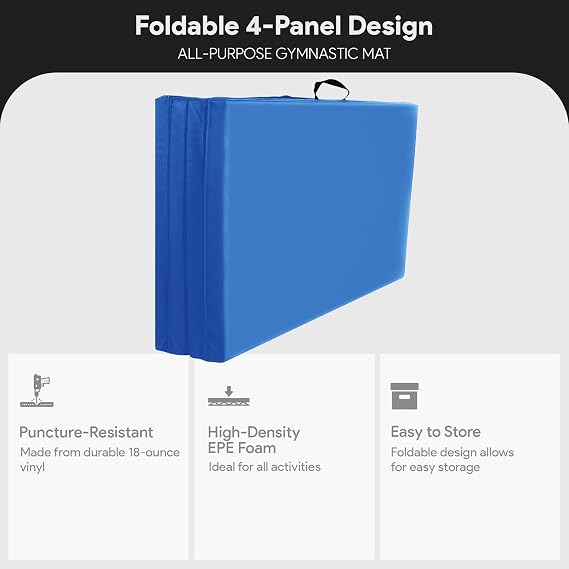 BalanceFrom 6x4 Feet 4-Panel Folding Gymnastics Mat 2-Inch Thick Pad with Vinyl Surface and Carrying Handles for Tumbling, Yoga, Pilates, Home Workouts, and Martial Arts